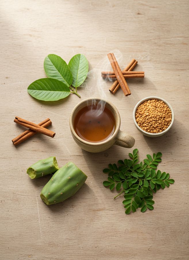 Canela, hojas de guayaba, nopal, fenogreco y moringa alrededor de una taza de té